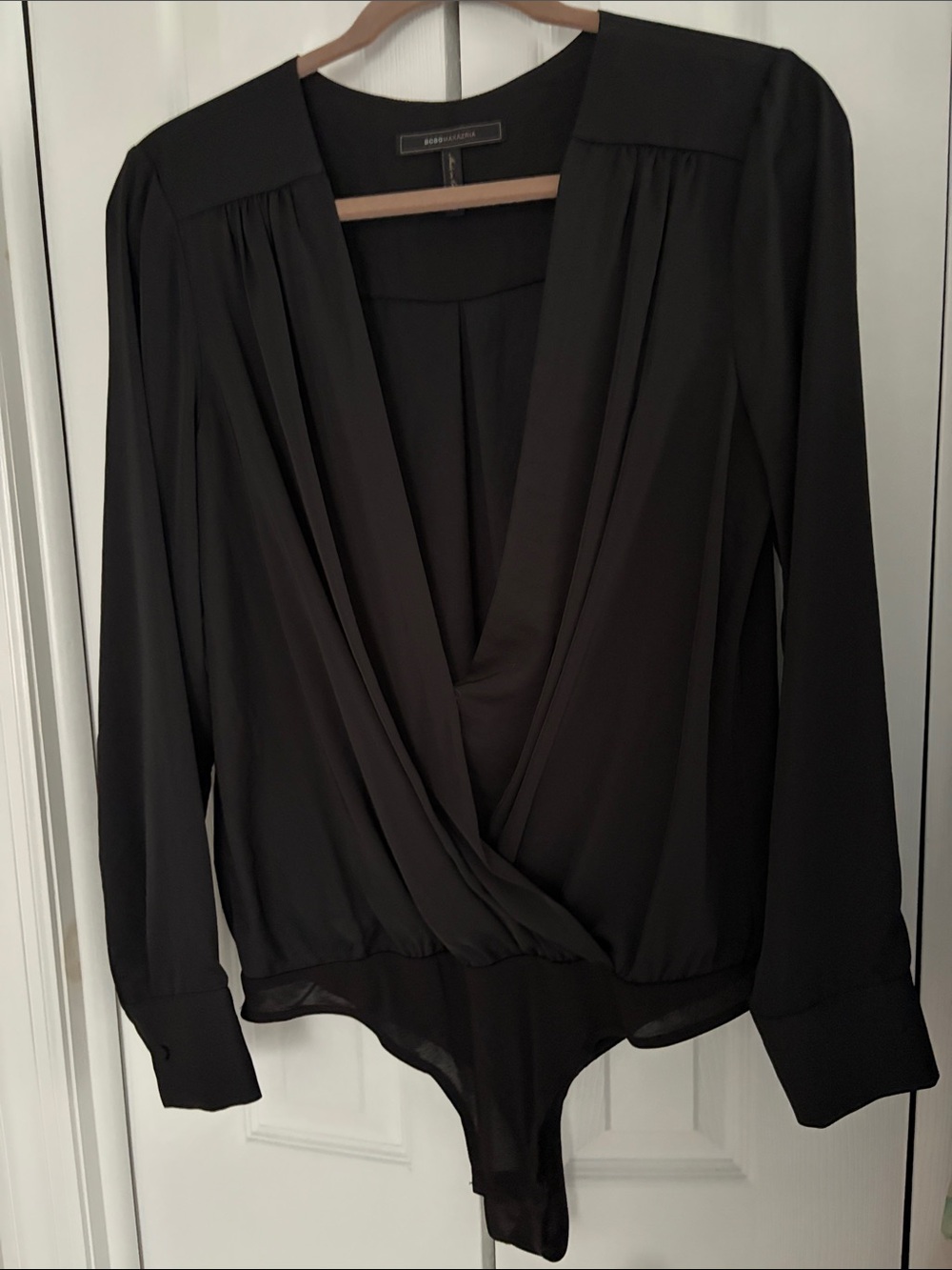 BCBGMaxAzria Black Low Cut Wrap-Front Long Sleeve Bodysuit